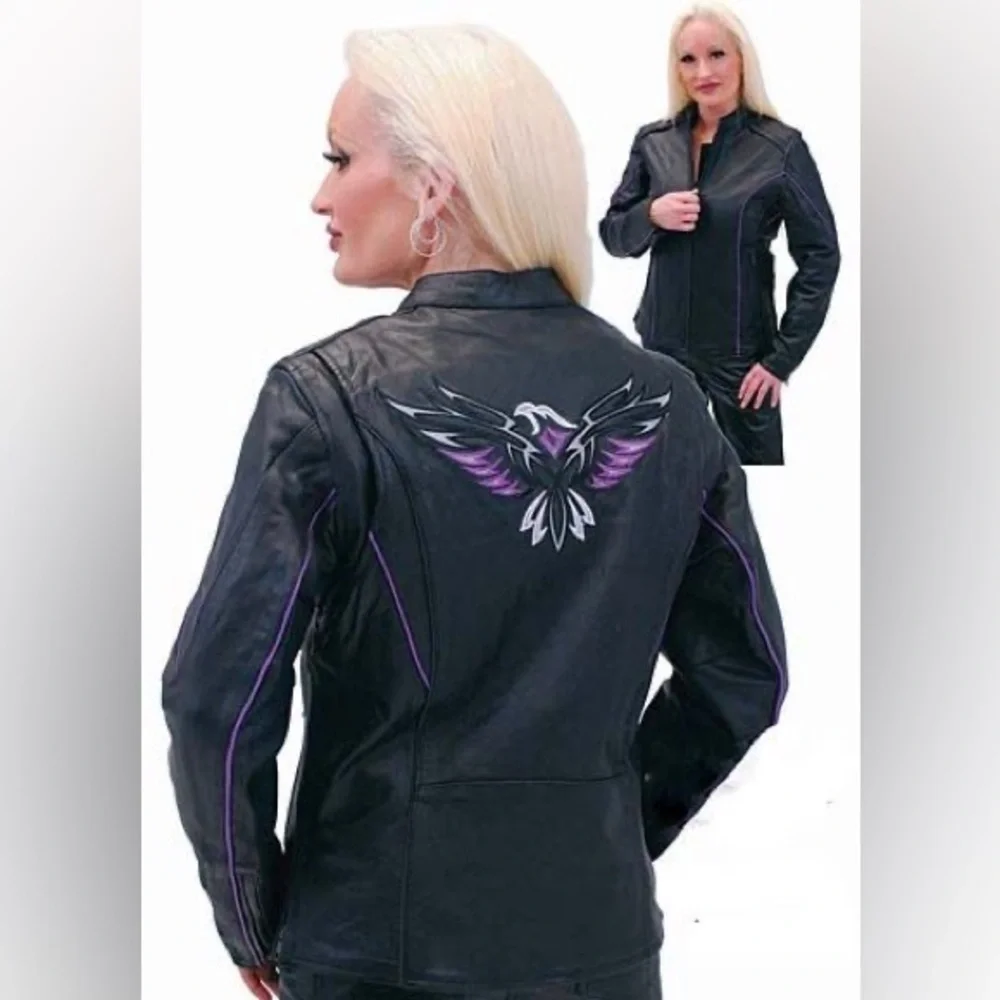 Women's Black Leather Motorcycle Jacket with Purple Embroidered Phoenix